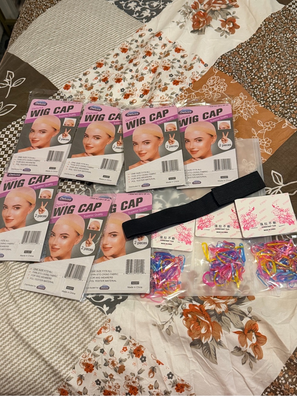 Luxe Beige Wig Caps with Colorful Hair Elastics Combo Pack
